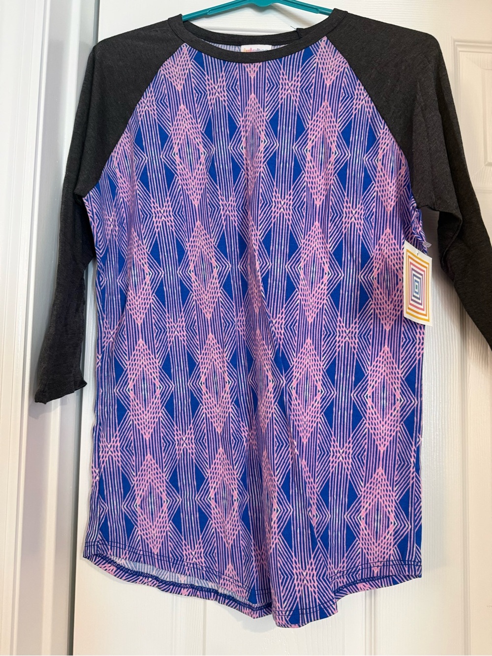 LuLaRoe Randy Blue & Pink Geometric Raglan Top